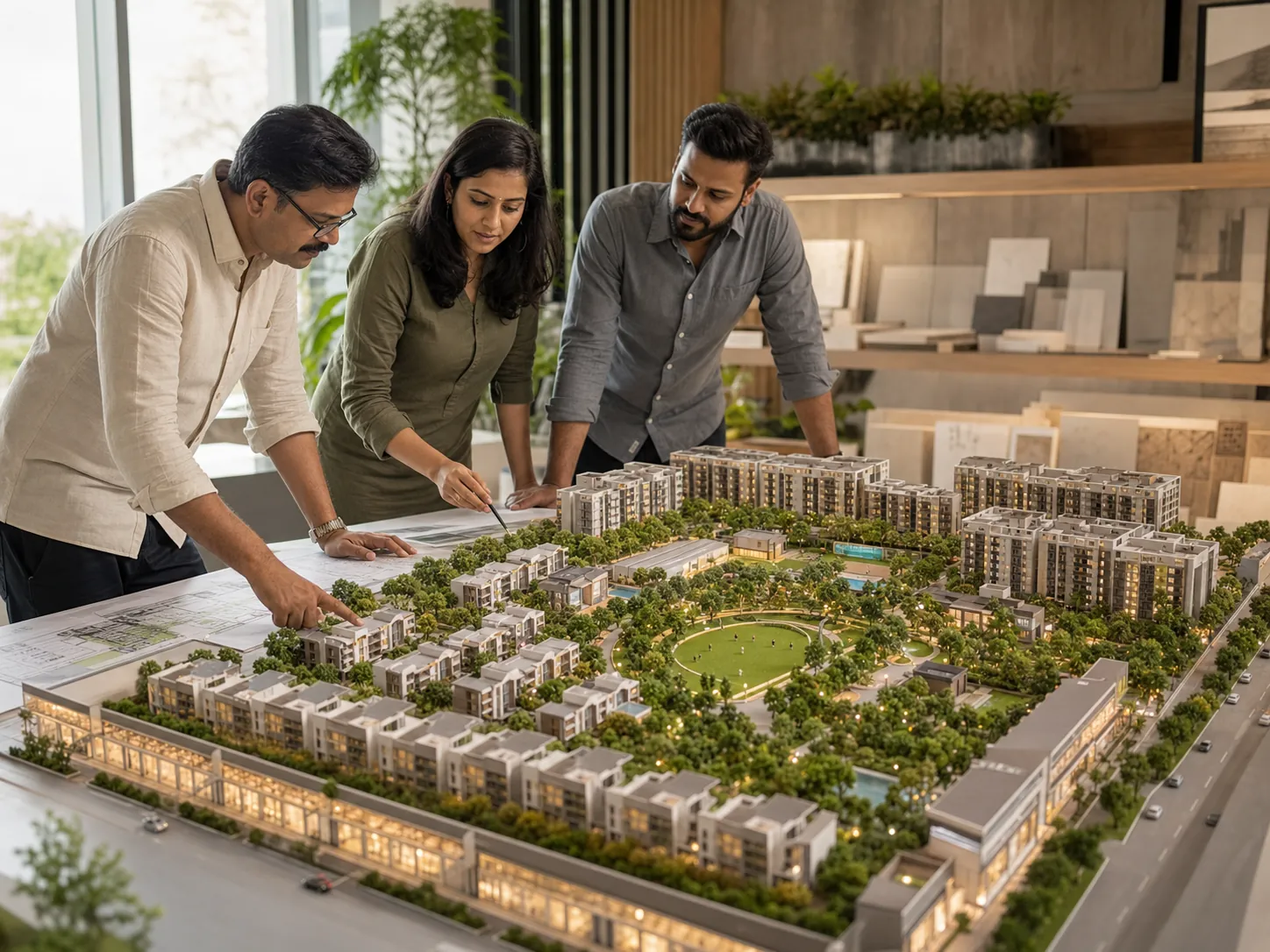 Avenza development team reviewing a landscaped mixed-use community masterplan