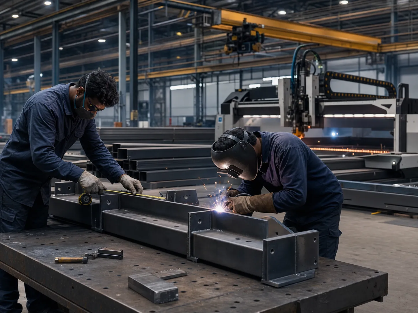 Fabrixa fabricators measuring and welding a structural steel assembly