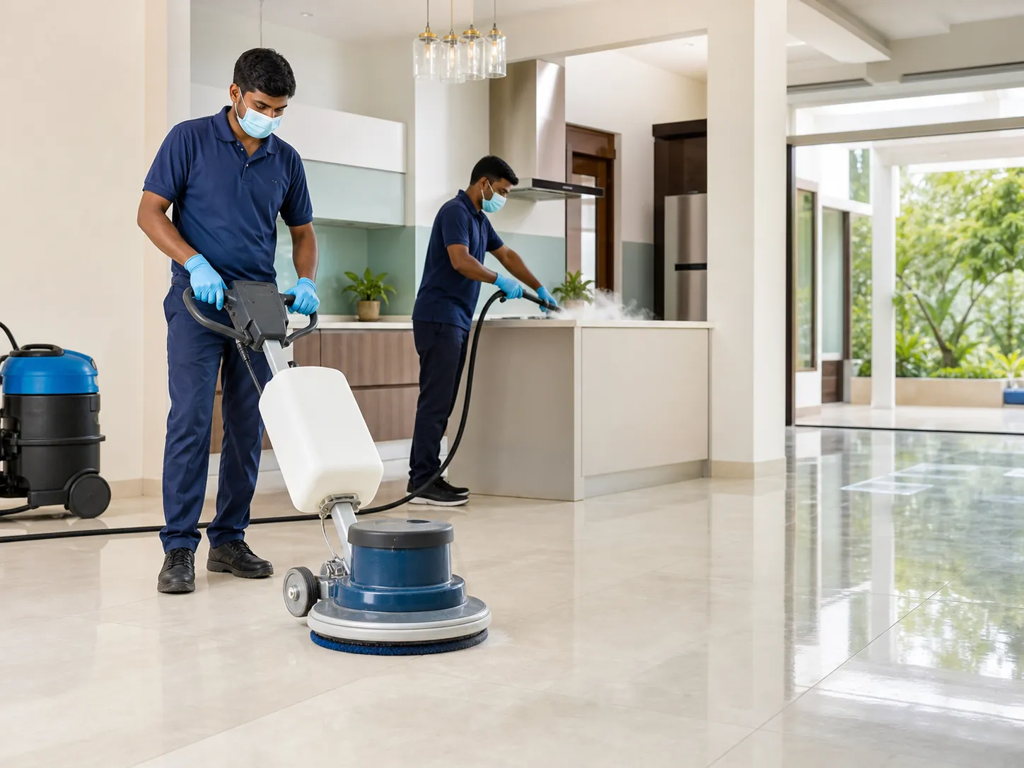 Housemate professional team deep cleaning tile and kitchen surfaces