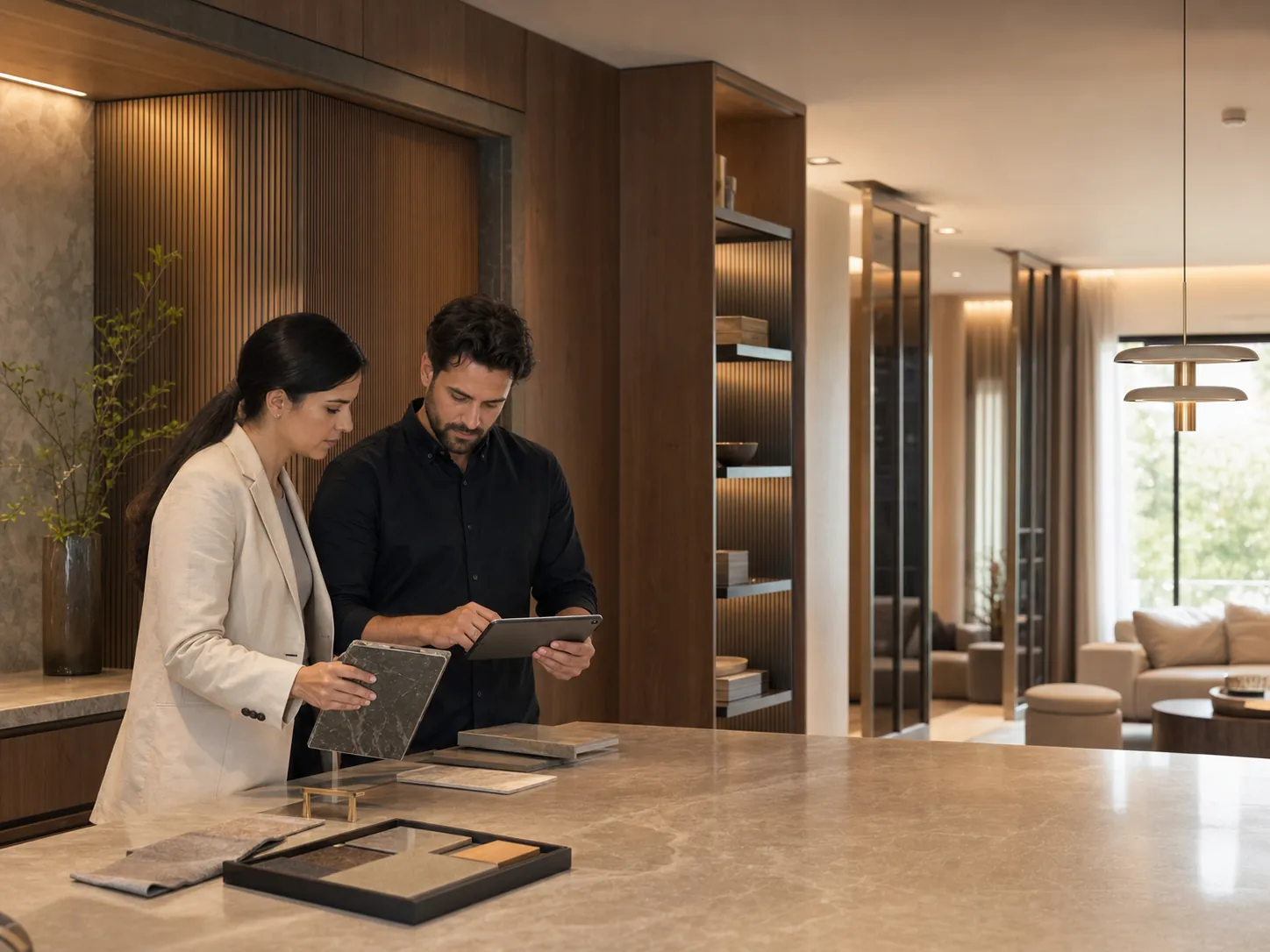 Novora interior designers reviewing materials in a bespoke completed interior