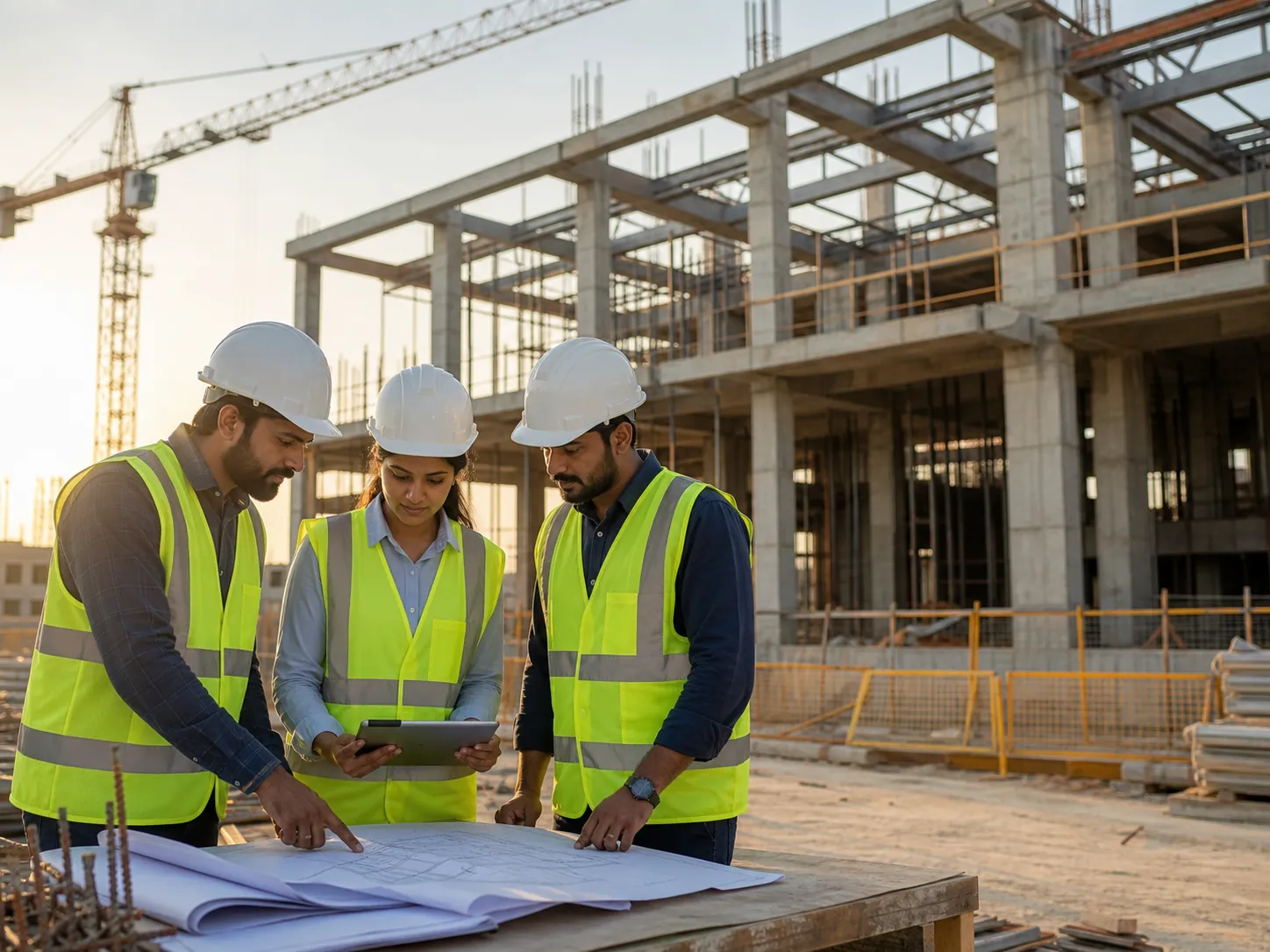 Velora engineers reviewing plans at a managed construction site