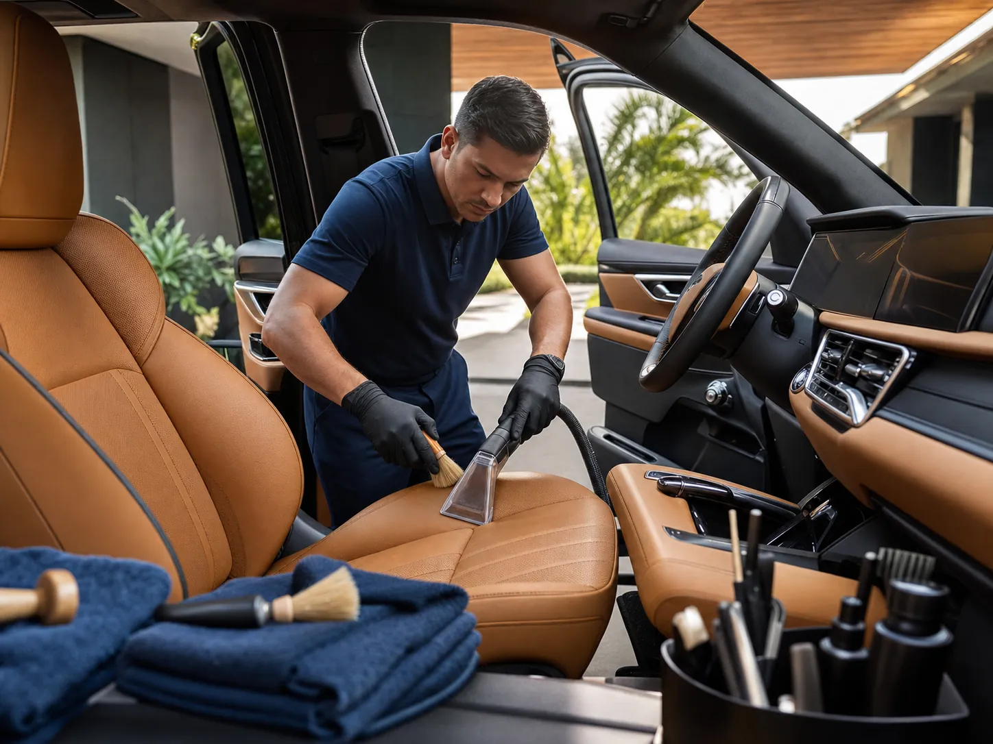 Waxora technician professionally deep cleaning a premium car interior